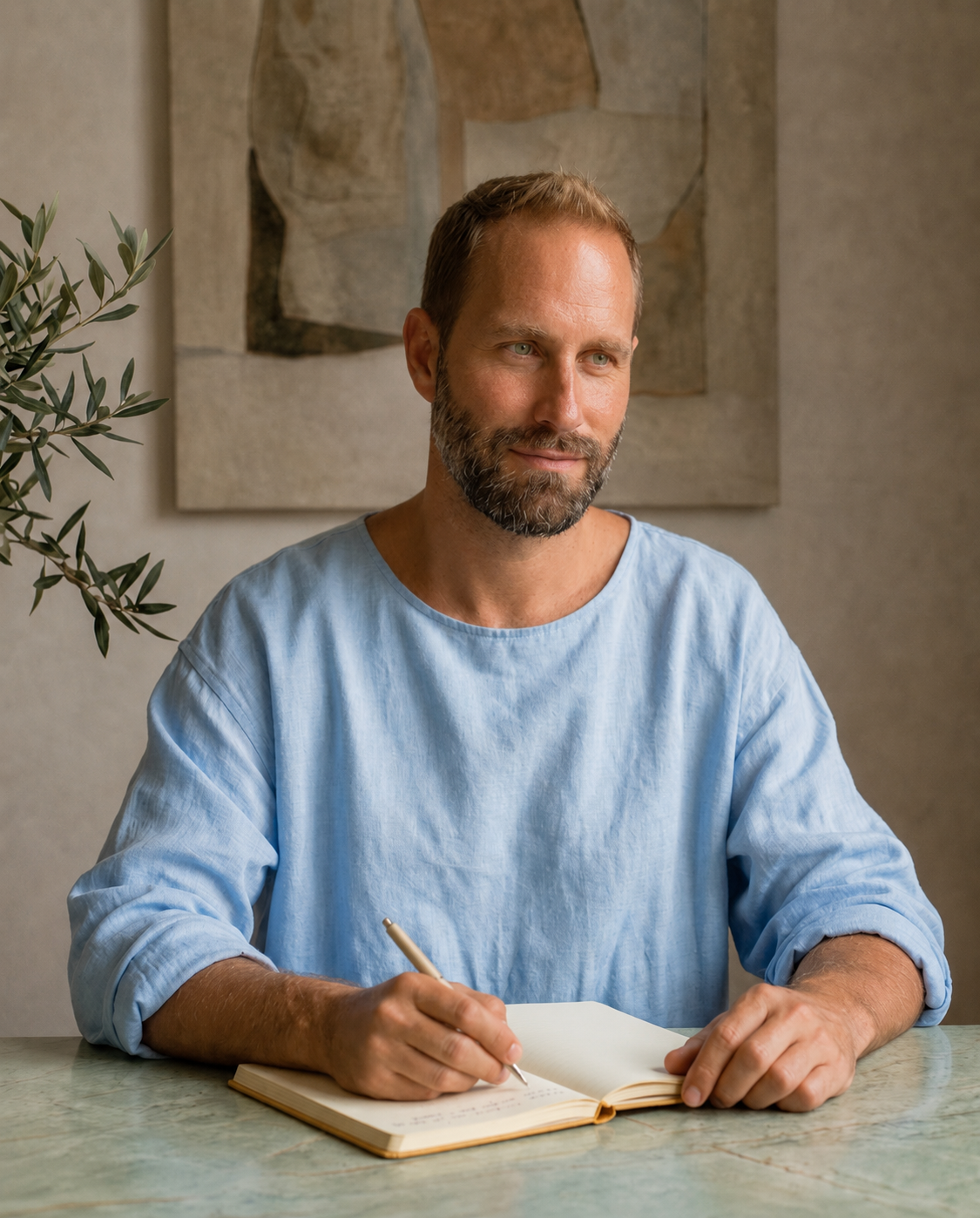 Antonio, a personal stylist for men, writing in a notebook at a marble table in a light blue linen shirt