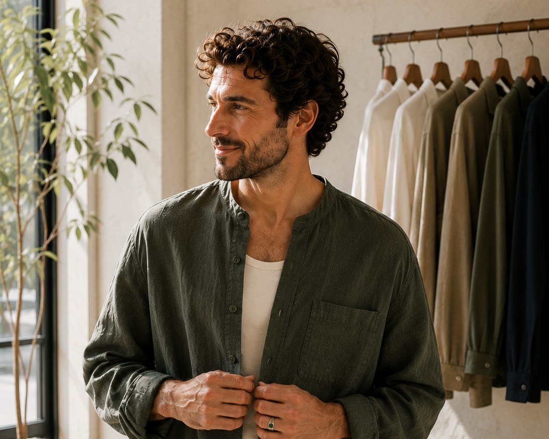 A man buttoning an olive shirt during a personal styling session in a sunlit boutique