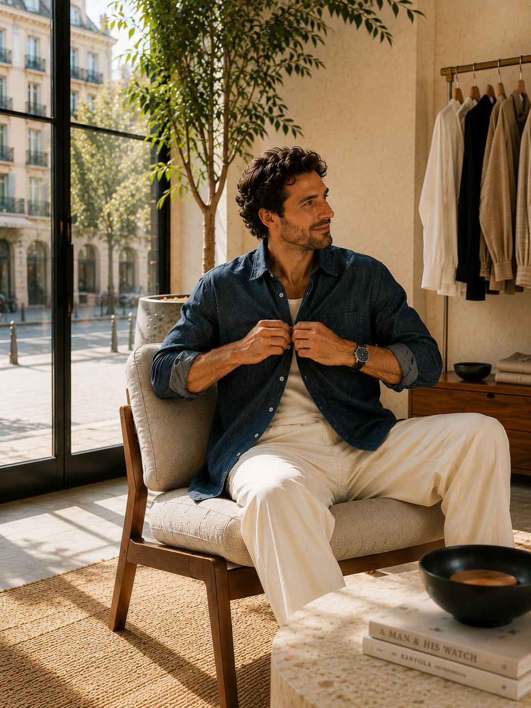 A man in a linen shirt seated in a sunlit studio during a men's styling session