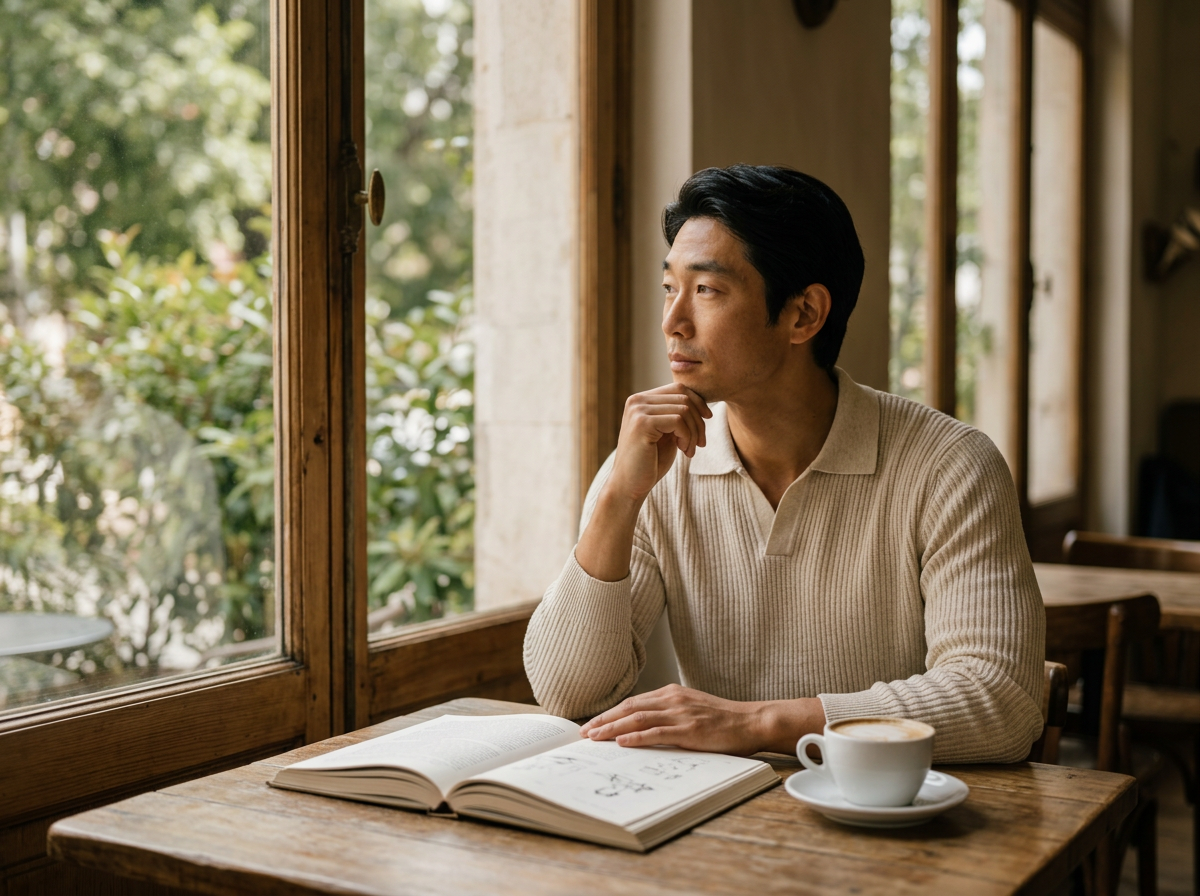 An East Asian man reading thoughtfully by a window