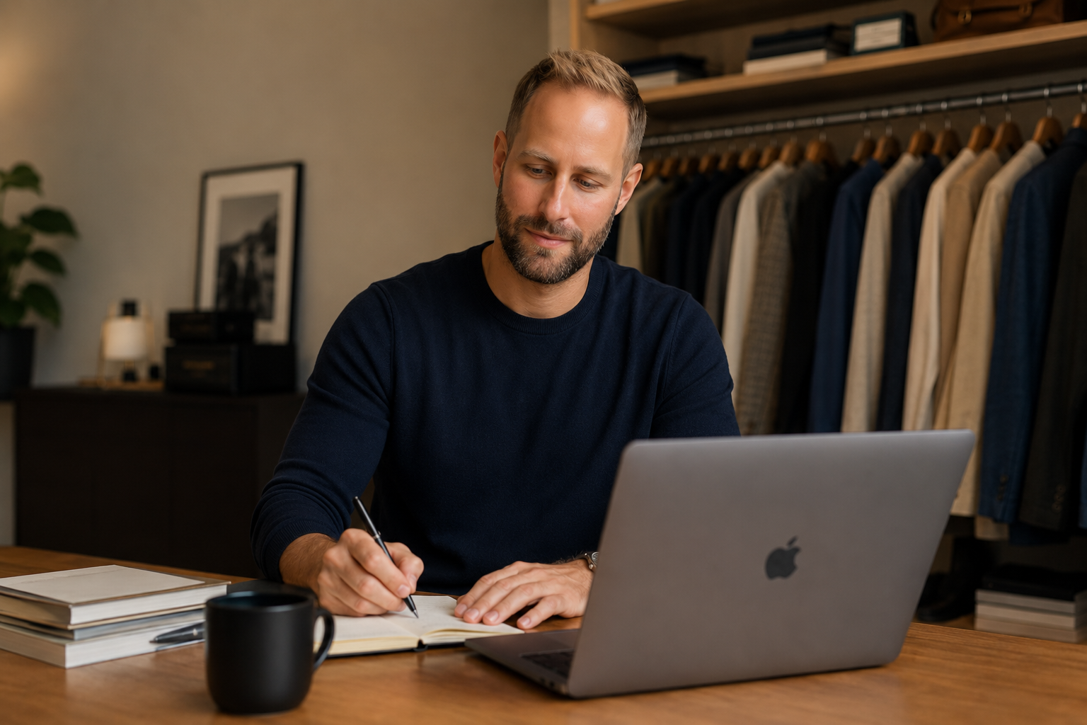 Founder at his desk with laptop, notebook, and coffee cup