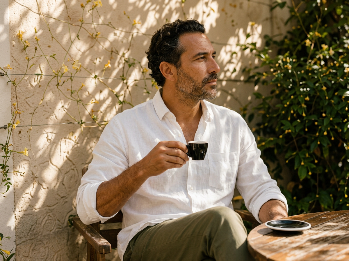 A man enjoying espresso at a Mediterranean café